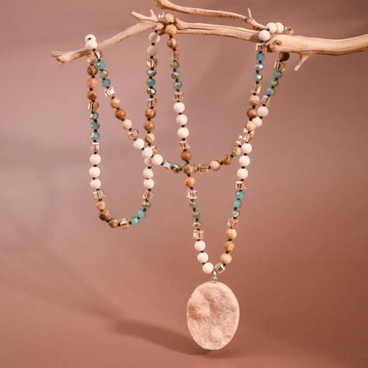 Natural Stone Bead Necklace with Druzy Pendant