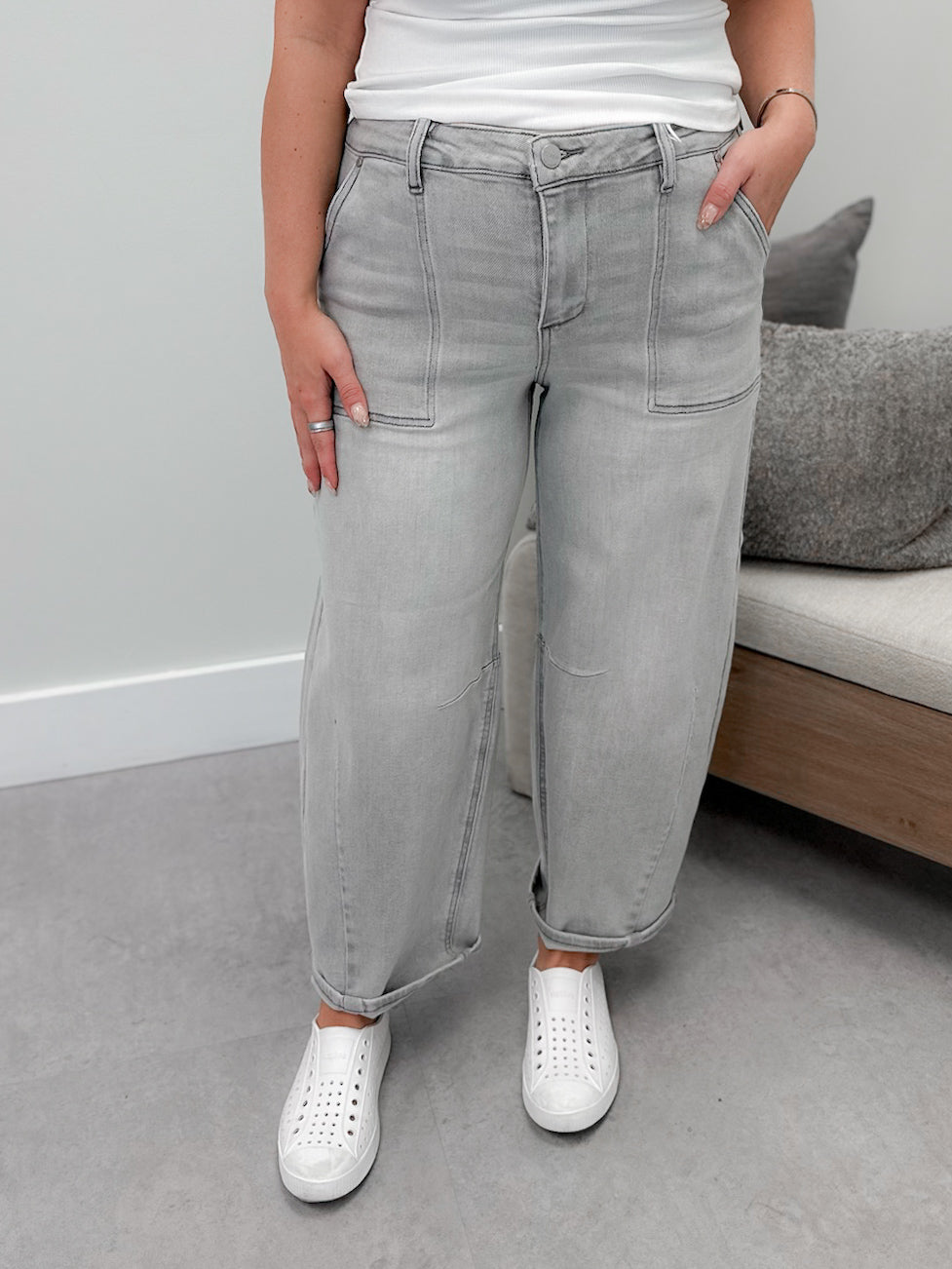 Dobbs Cropped High Rise Barrel Jeans in Light Grey by Risen