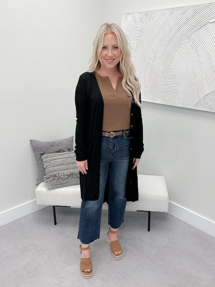 Georgina Long Ribbed Cardi in Black