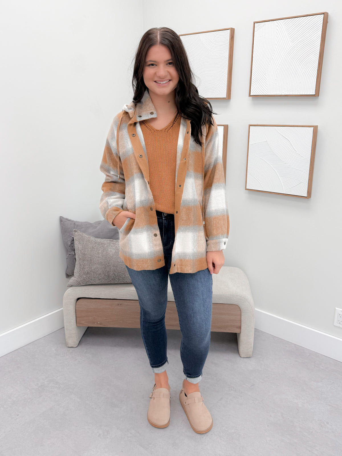 Lowen Hooded Shacket in Camel