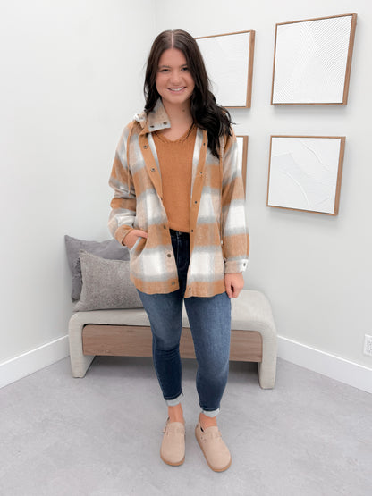 Lowen Hooded Shacket in Camel