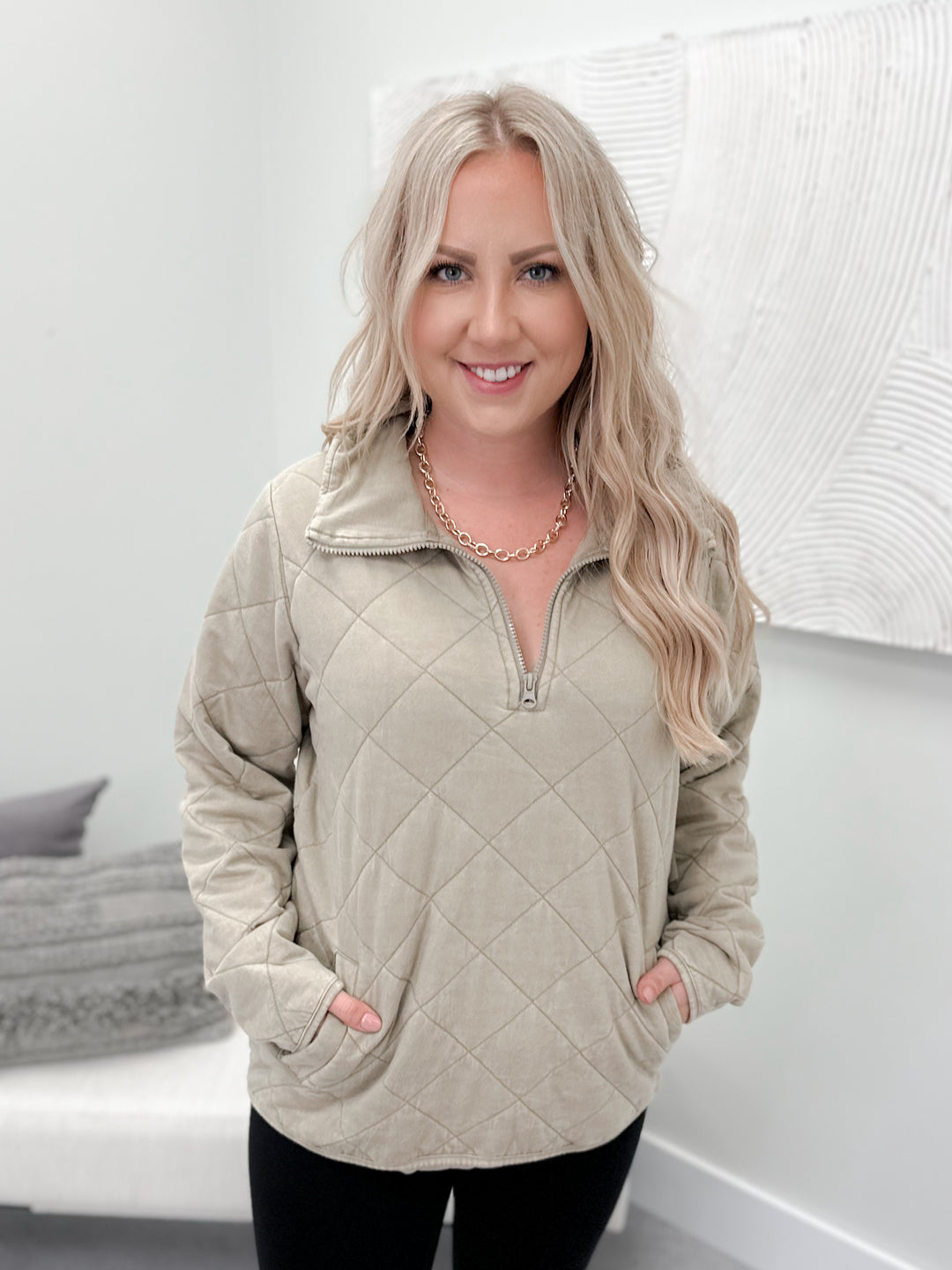 The Quilted Quarter Zip in Taupe