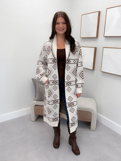Southwest Long Cardigan in Cream Brown