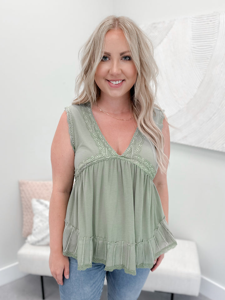 Larissa Lace Trim Tank in Sage by Pol