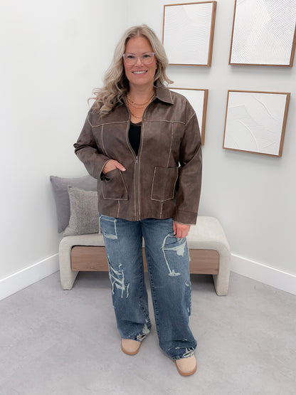 Roddy Vegan Leather Jacket in Brown