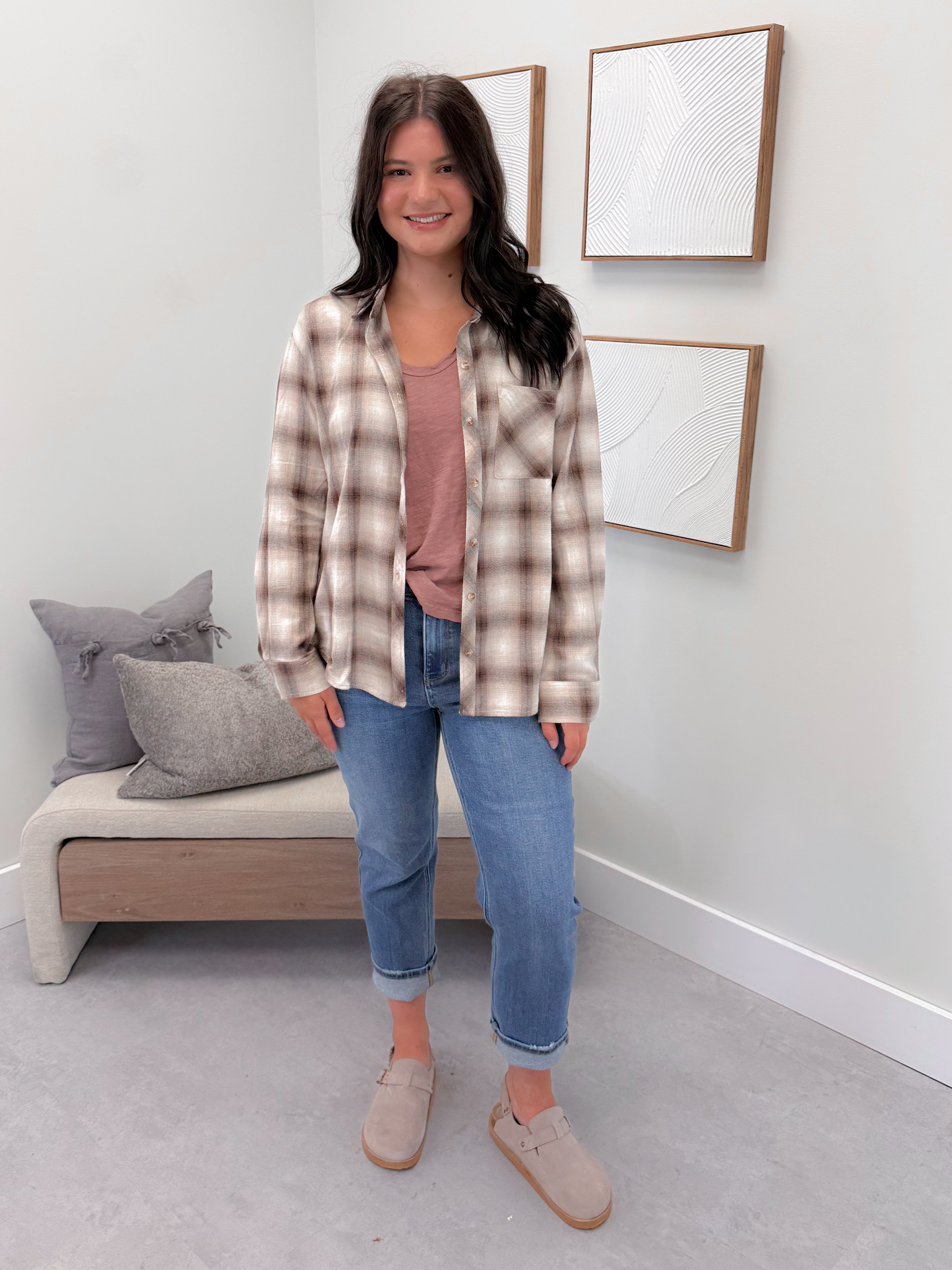 Fay Plaid Button Up in Brown