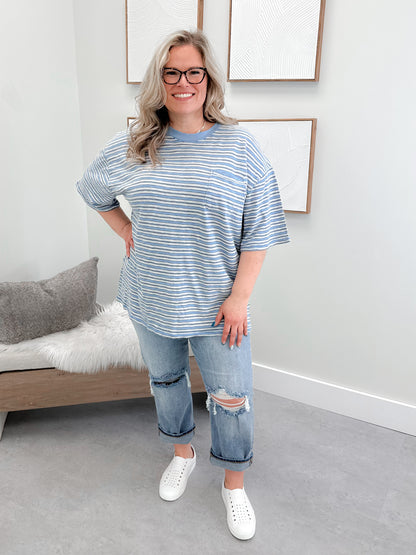 All Love Striped Pocket Tee in Blissful Blue Combo by Free People