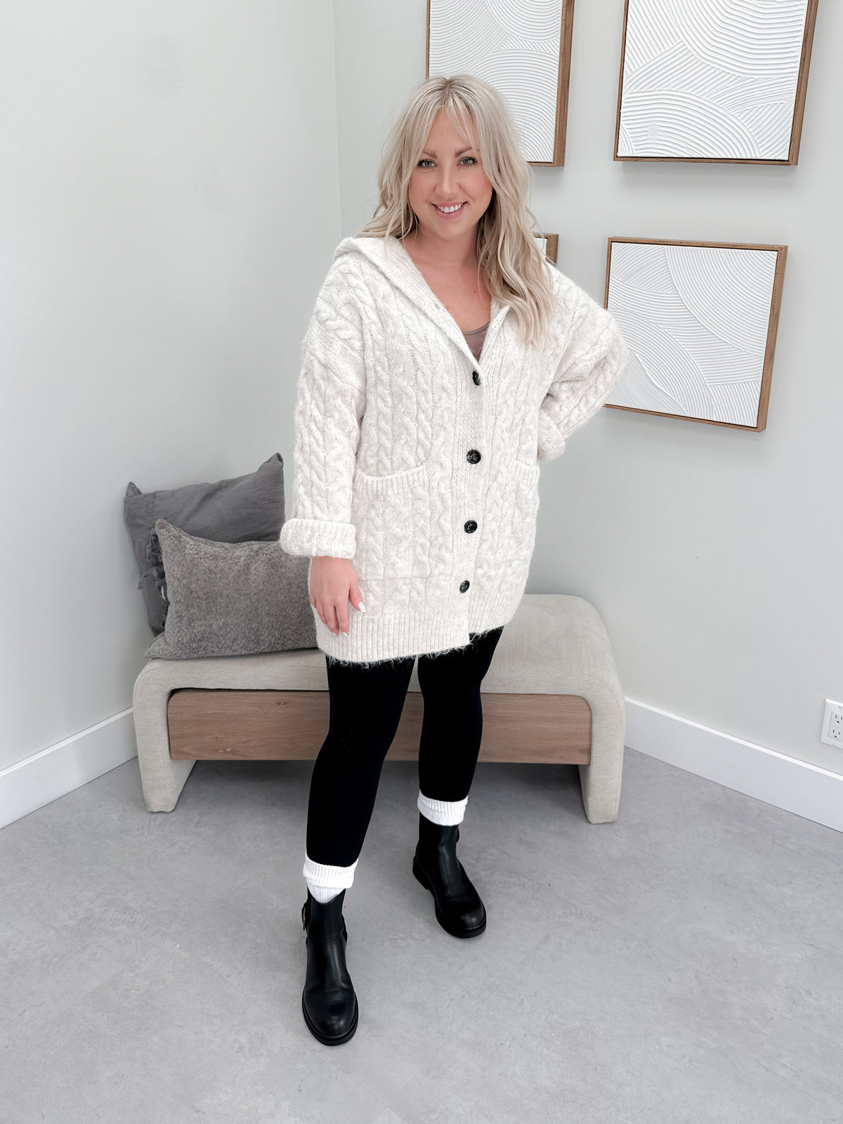 Jennings Cable Knit Cardigan in Cream by Pol