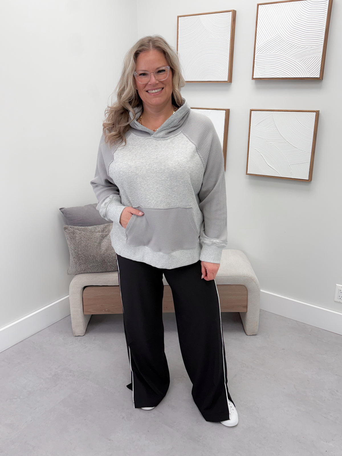 Tiffany Waffle Trim Hoodie in Grey