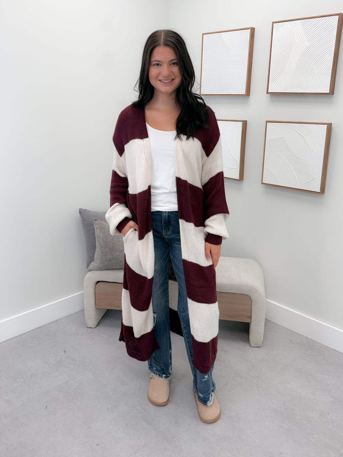Koda Striped Long Cardi in Burgundy