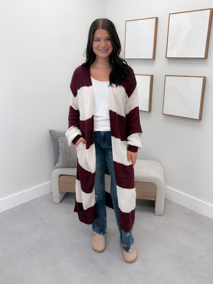 Koda Striped Long Cardi in Burgundy