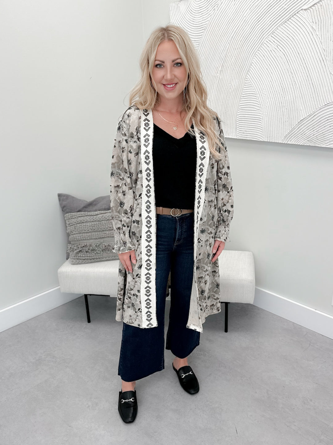 Calliope Waffle Cardi in Taupe Floral by Pol