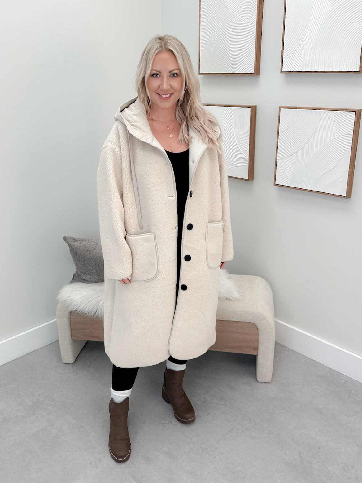 Everest Faux Shearling Teddy Long Coat in Ivory