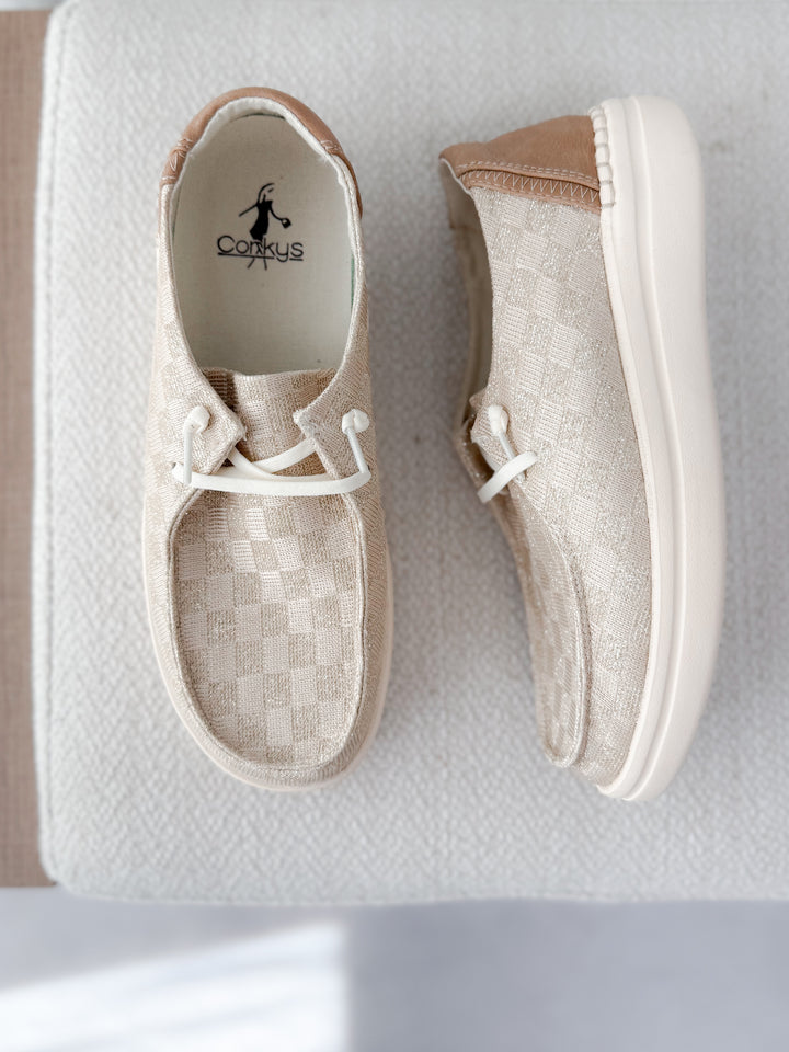 Kayak 2 Slip on Shoe by Corkys in Champagne Check