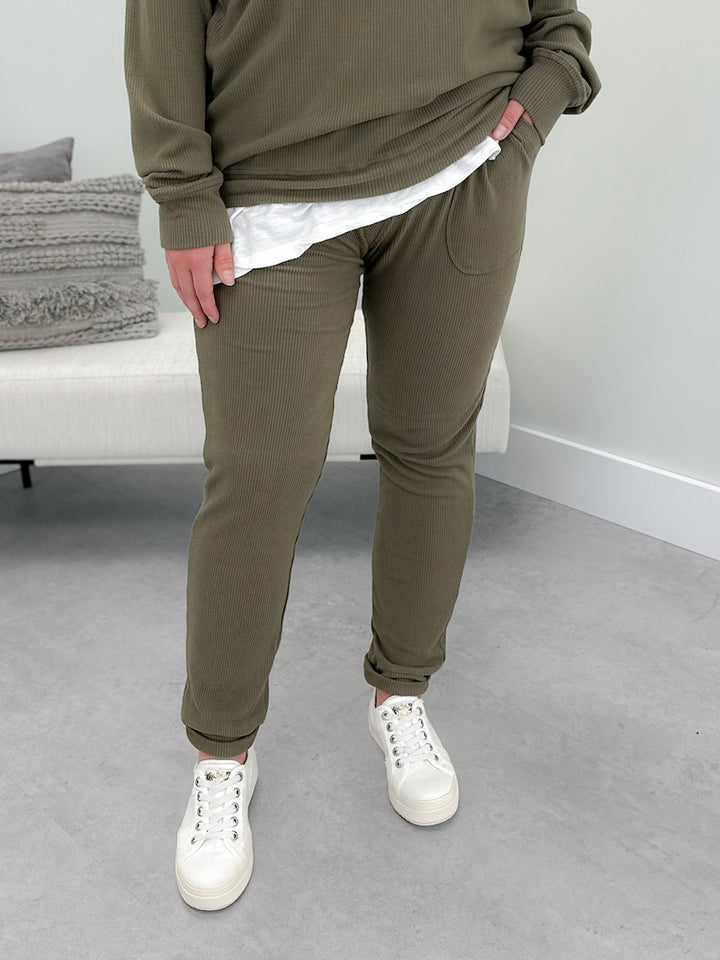 Corrine High Rise Ribbed Joggers in Olive