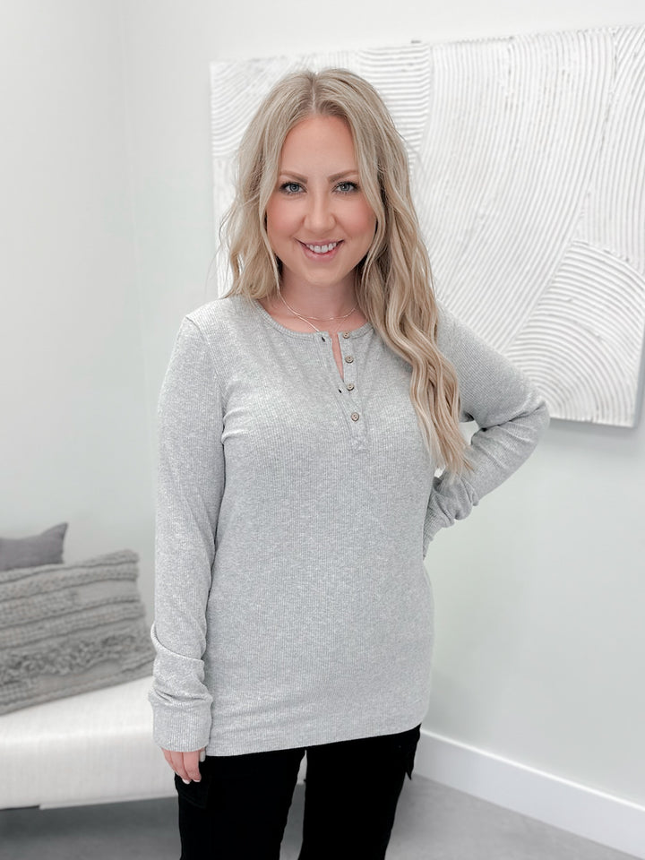 Brielle Henley Ribbed Long Sleeve in Grey by Michelle Mae