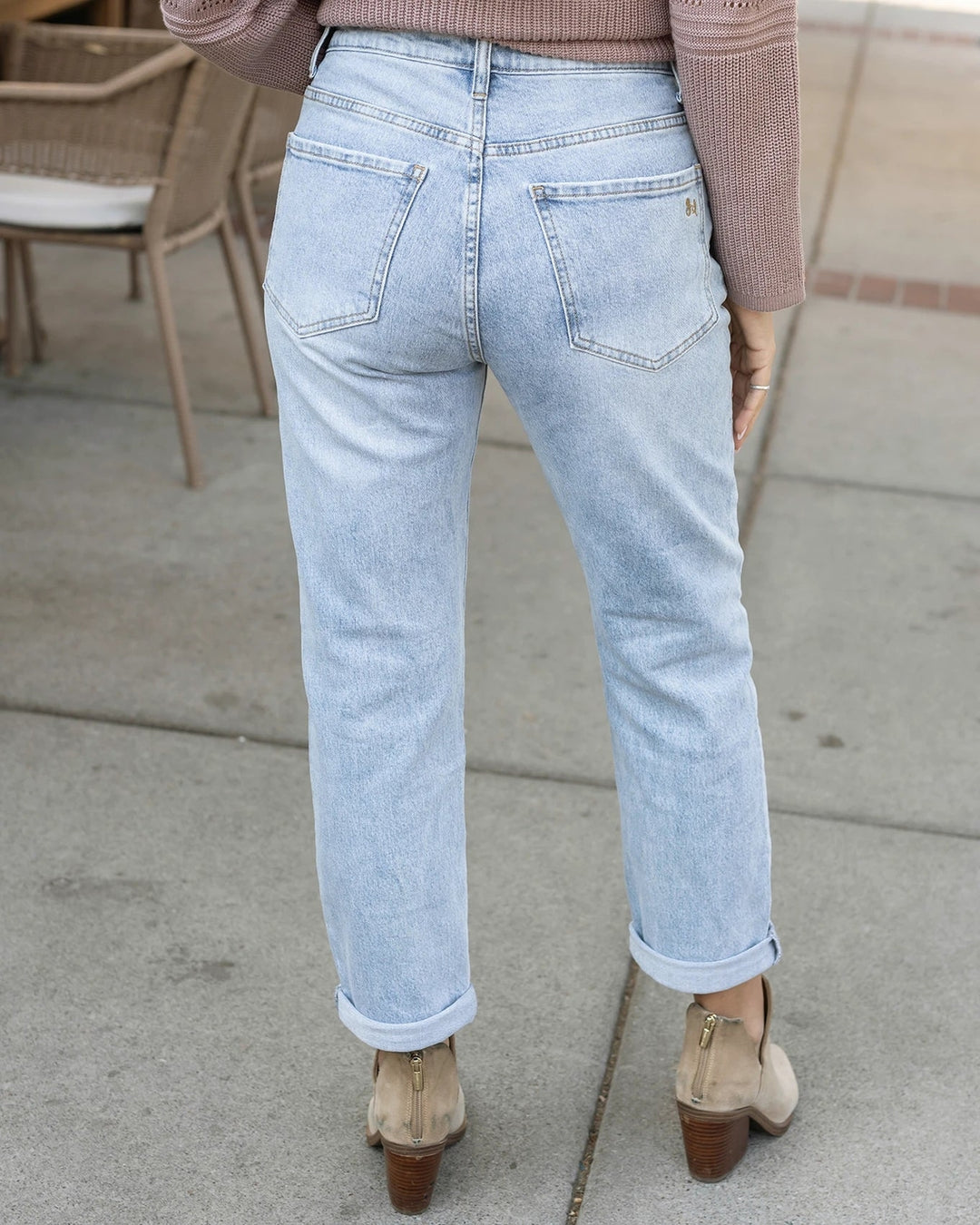 Distressed Mid Rise Girlfriend Jeans in Vintage Wash by Grace & Lace