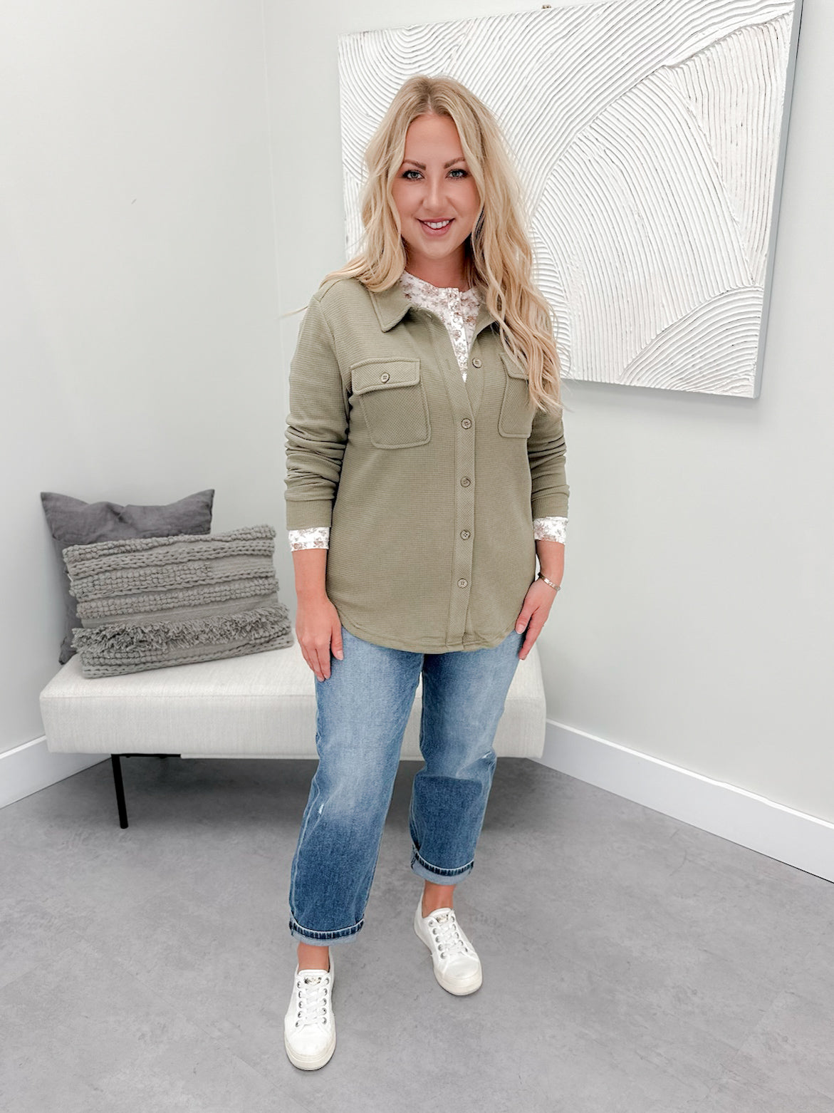 Waffle Knit Button Top in Olive