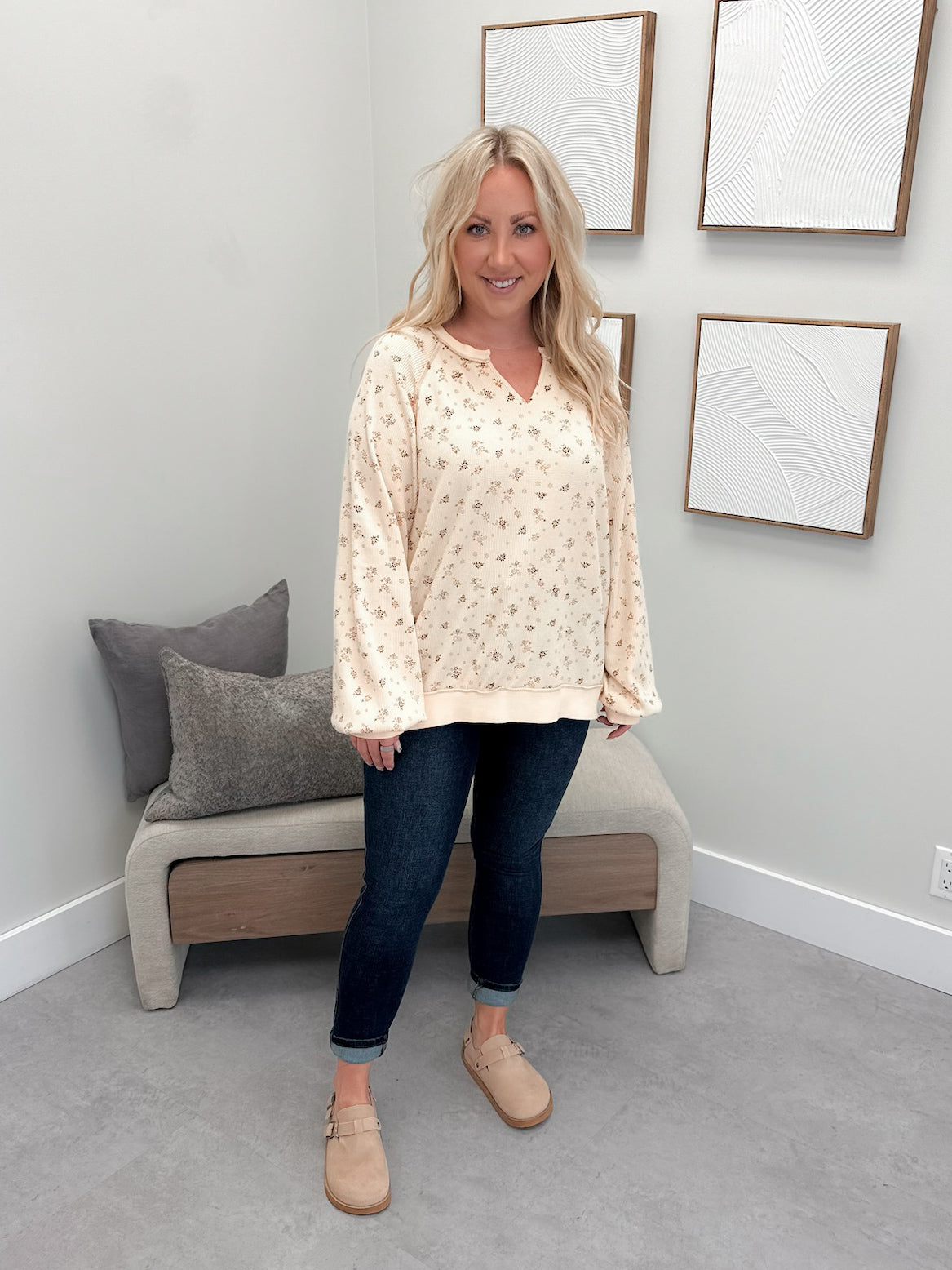 Izzy Floral Waffle Long Sleeve in Oat