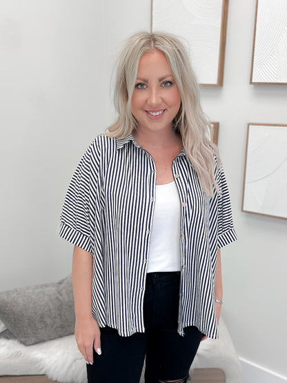 Domino Button Up Top in Navy Stripe