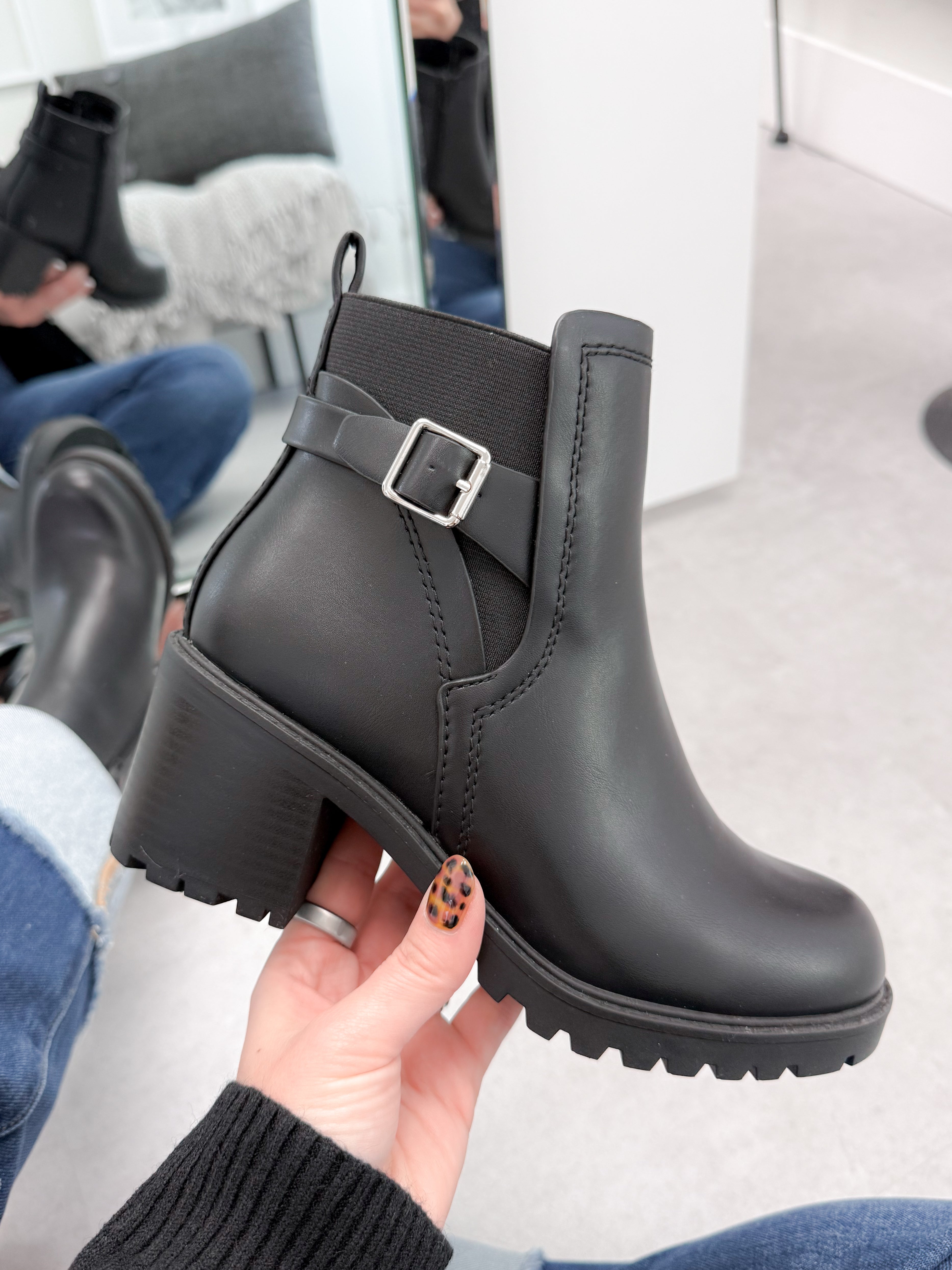 Block Heel Ankle Bootie in Black
