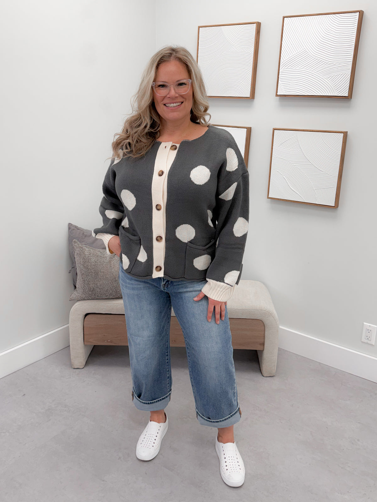 Jodi Cardigan in Grey Polka Dot