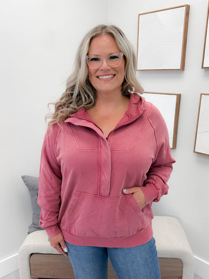 Ryker Half Zip Hoodie in Vintage Wash Berry