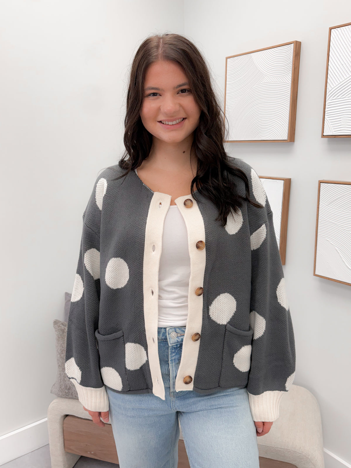 Jodi Cardigan in Grey Polka Dot