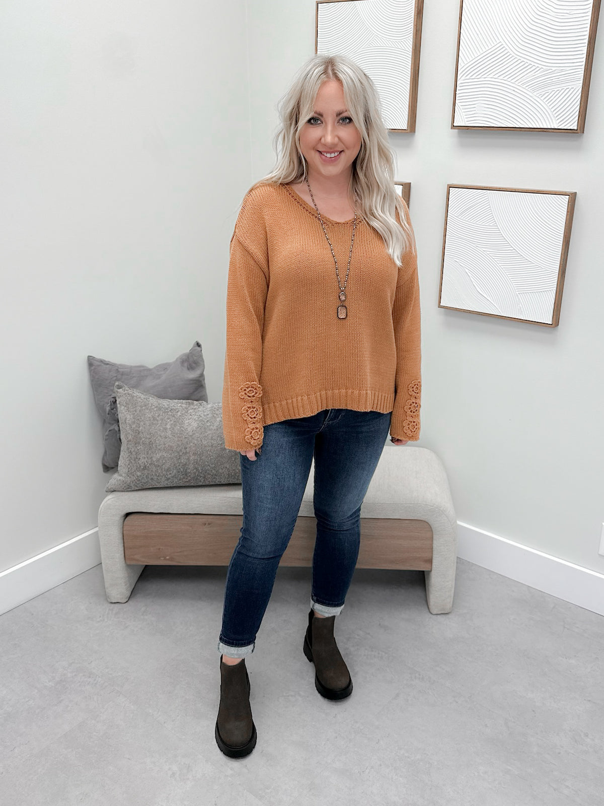 Crochet Sleeve Sweater in Camel