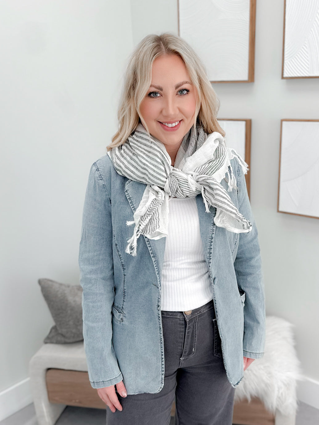 Nola Linen Scarf in Charcoal Stripe