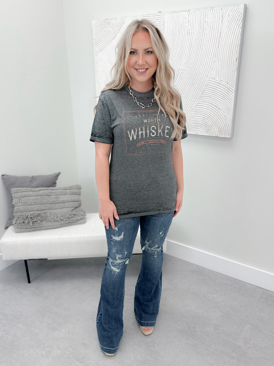 Worth the Whiskey Tee in Washed Black  - Size XXLarge