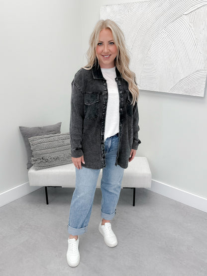 Lennon Waffle Shacket in Washed Black