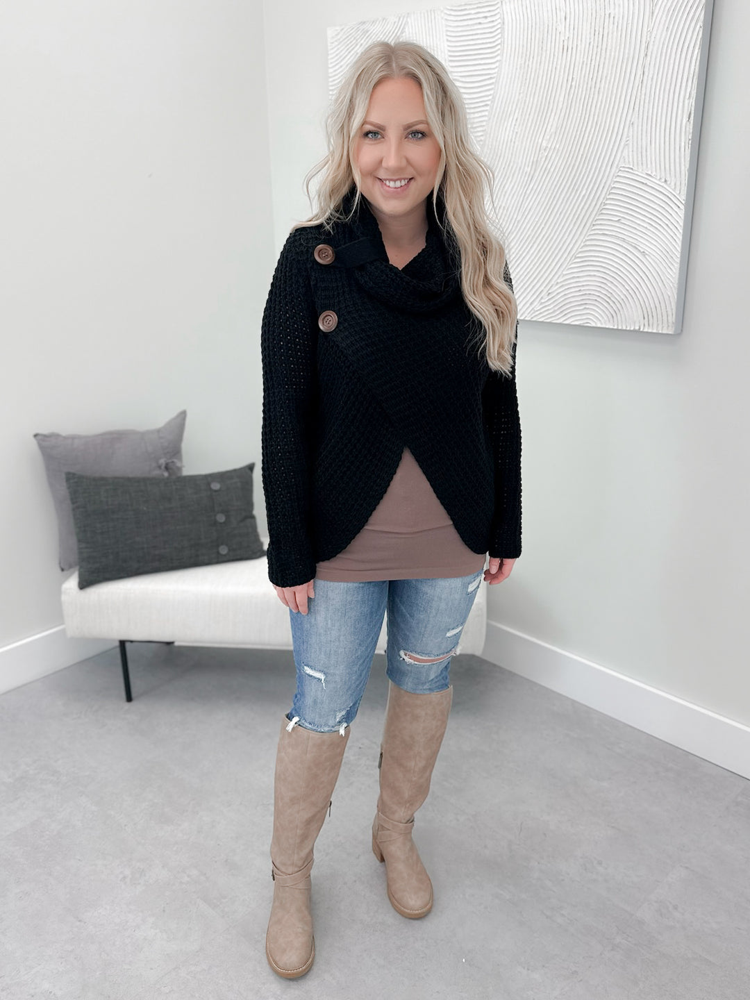 Bree Button Sweater in Black