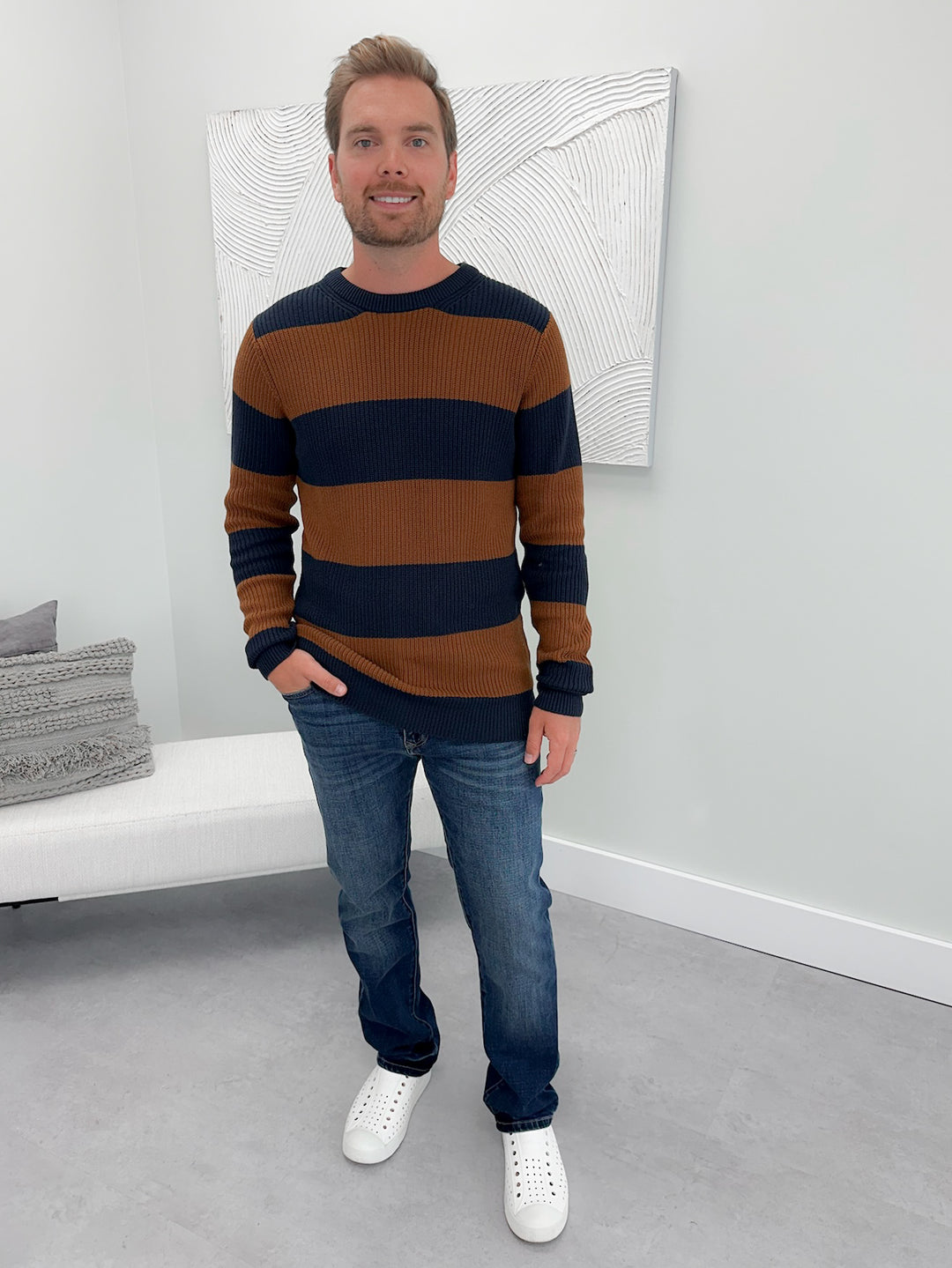 Mens Declan Sweater in Navy Stripe
