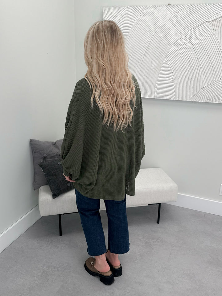 Waffle Cocoon Cardigan in Olive