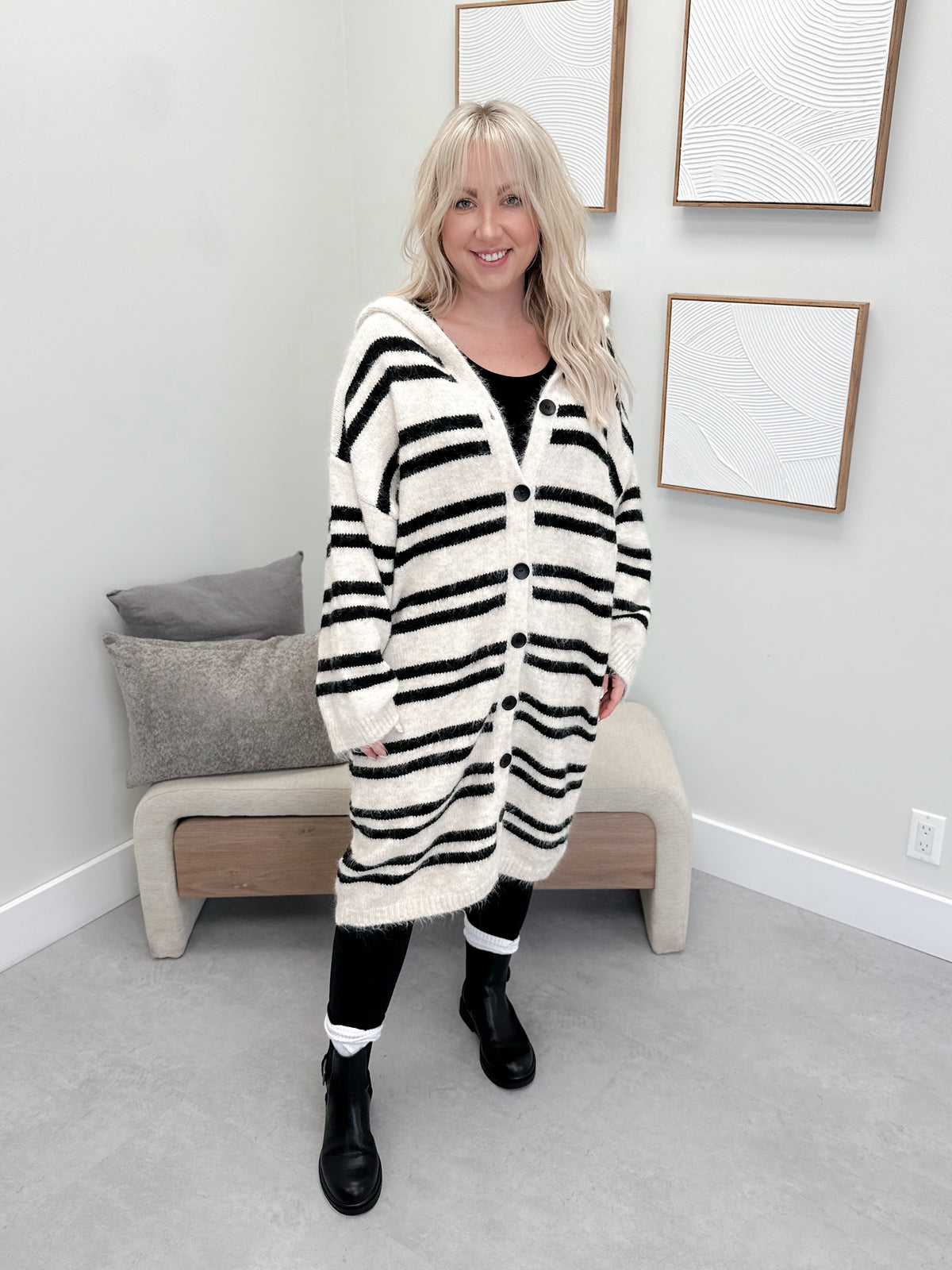 Cozy Up Striped Hooded Cardigan in Ivory/Black by Pol