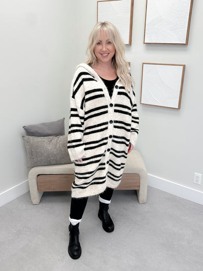 Cozy Up Striped Hooded Cardigan in Ivory/Black by Pol