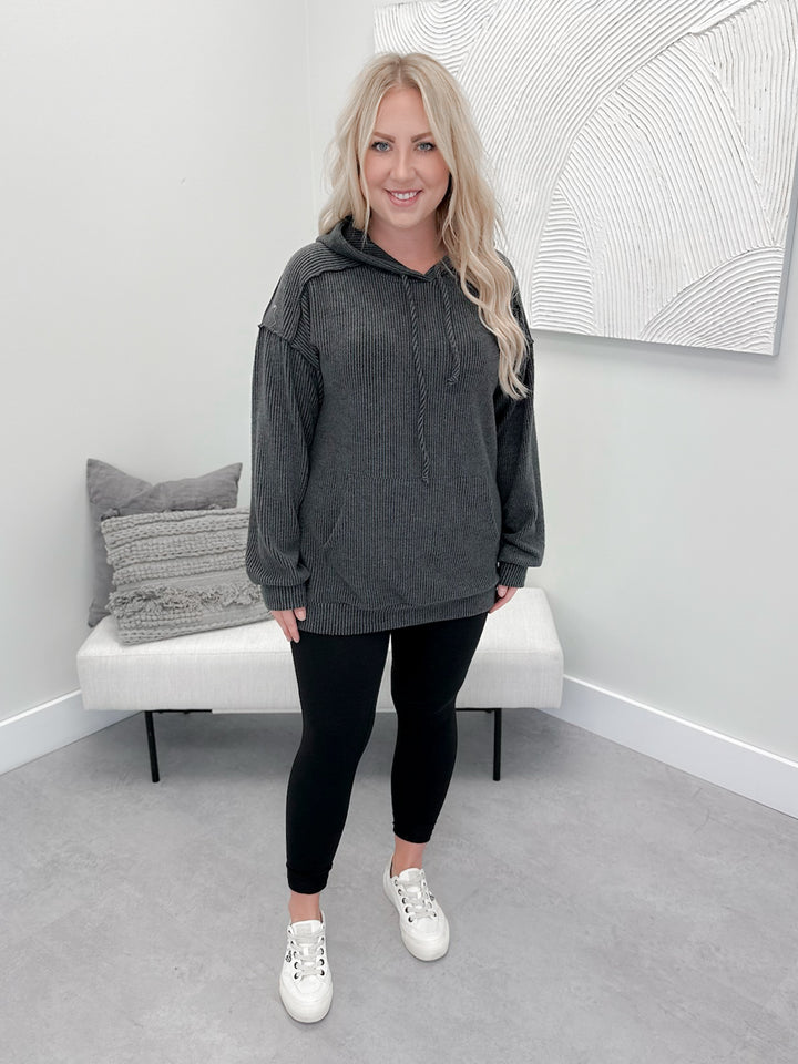 Woodland Ribbed Hoodie in Charcoal