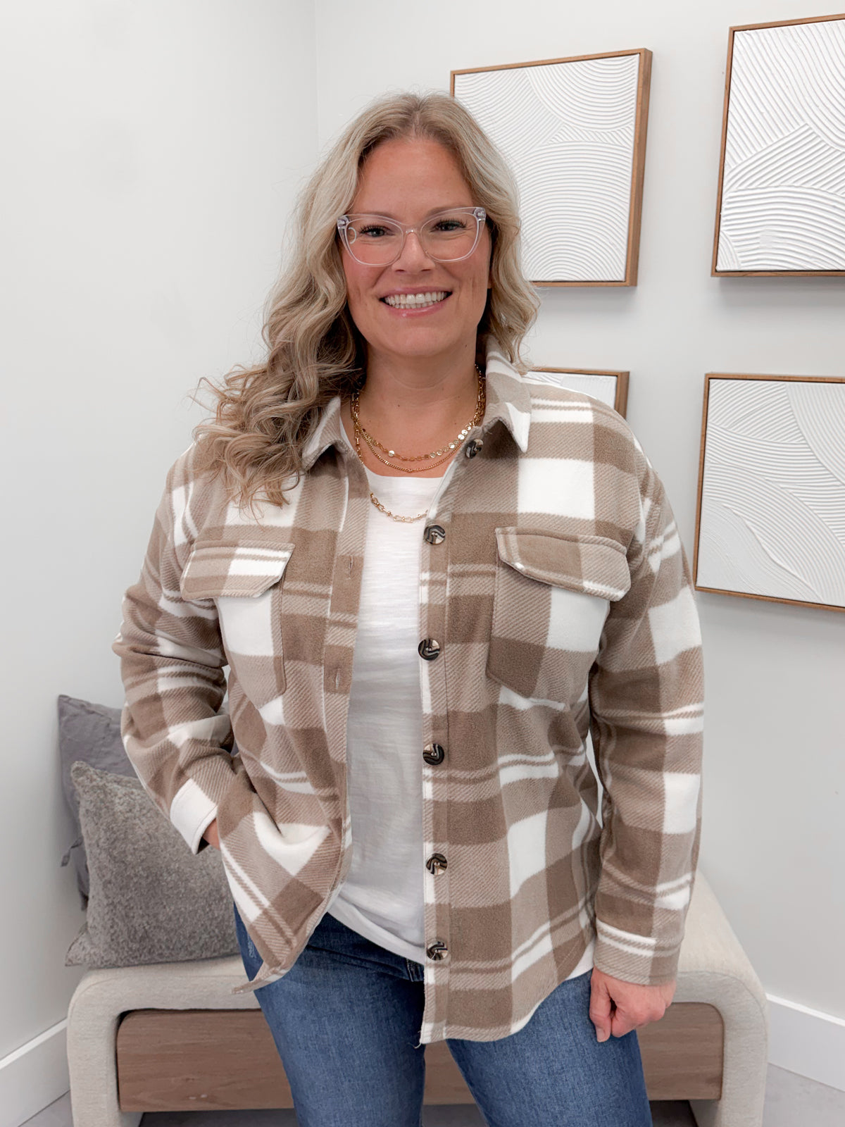 Hazy Fleece Shacket in Ivory Taupe