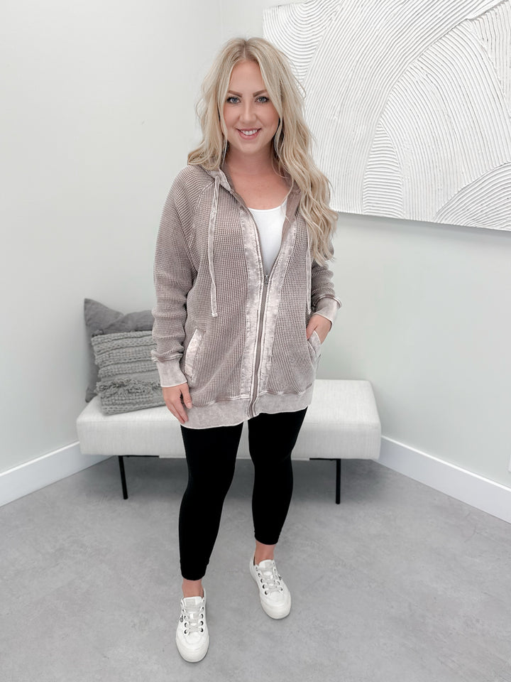 Juno Waffle Full Zip Hoodie in Deep Taupe