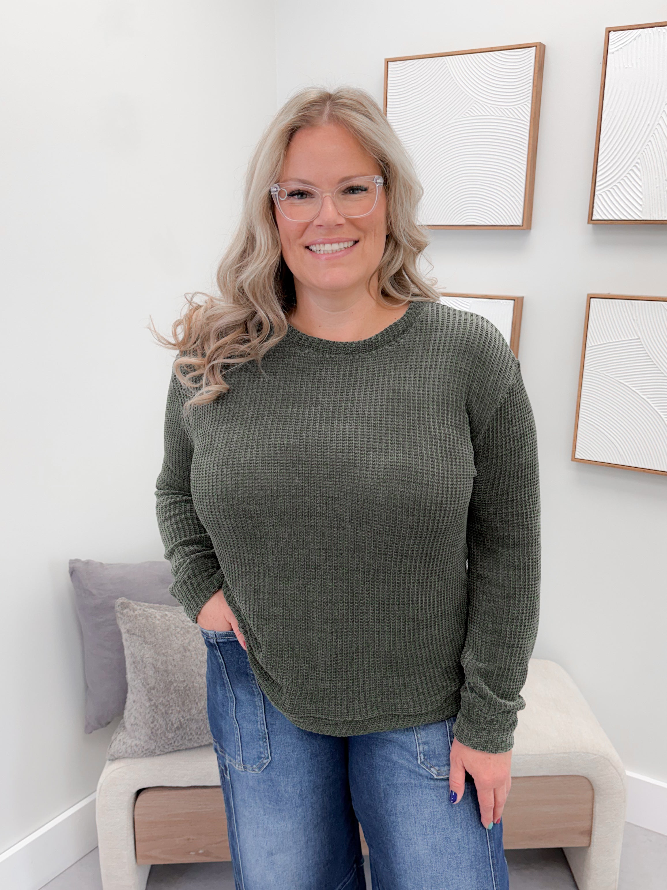 Tait Waffle Pullover in Olive
