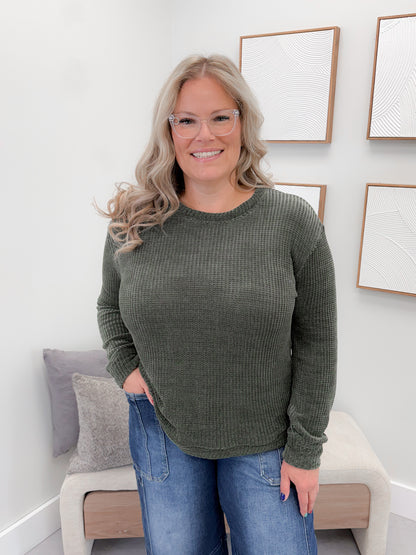 Tait Waffle Pullover in Olive