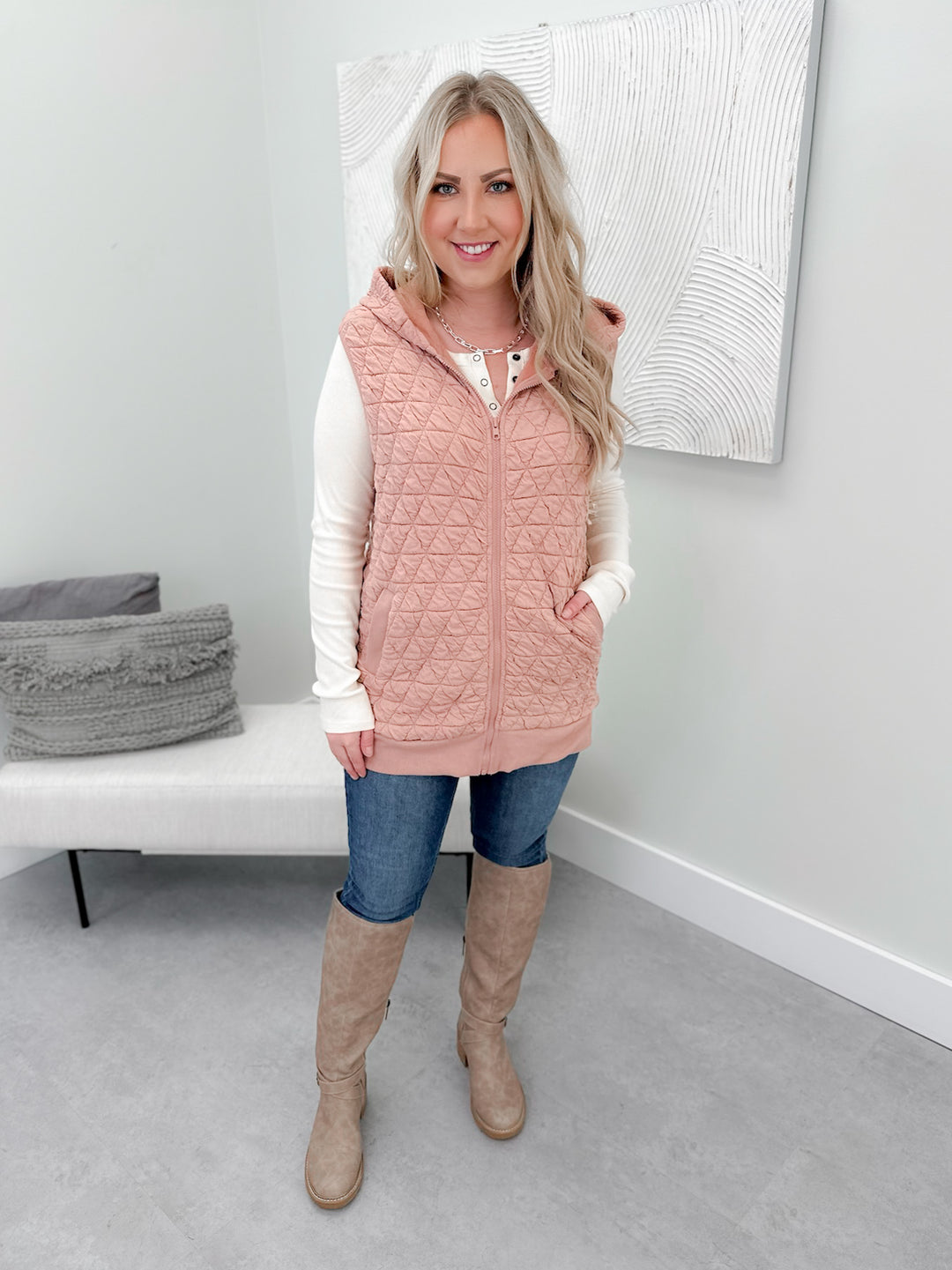 Timber Quilted Hoodie Vest in Blush