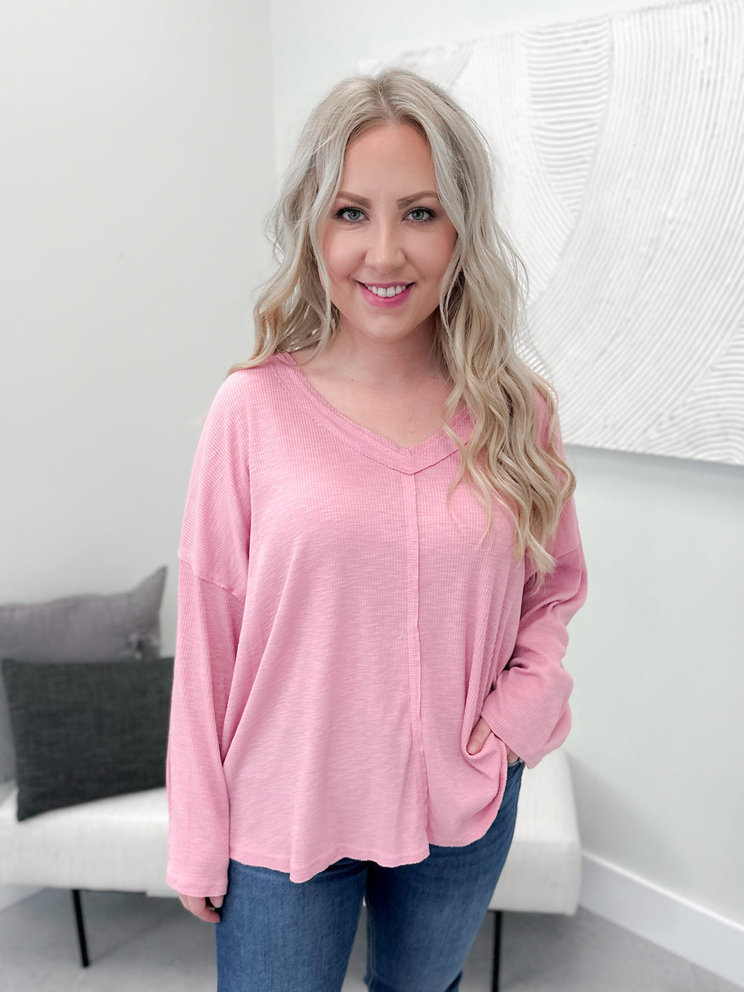 Harper Ribbed Long Sleeve in Pink by Pol