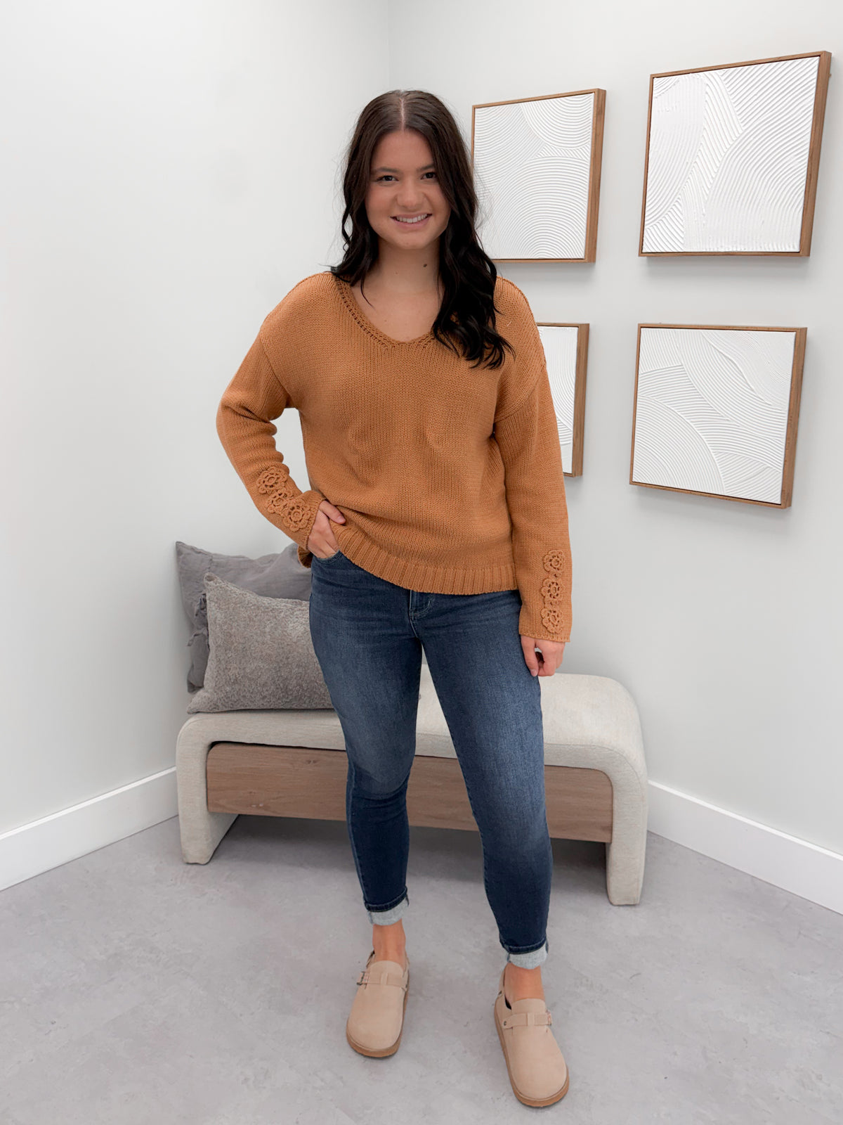 Crochet Sleeve Sweater in Camel