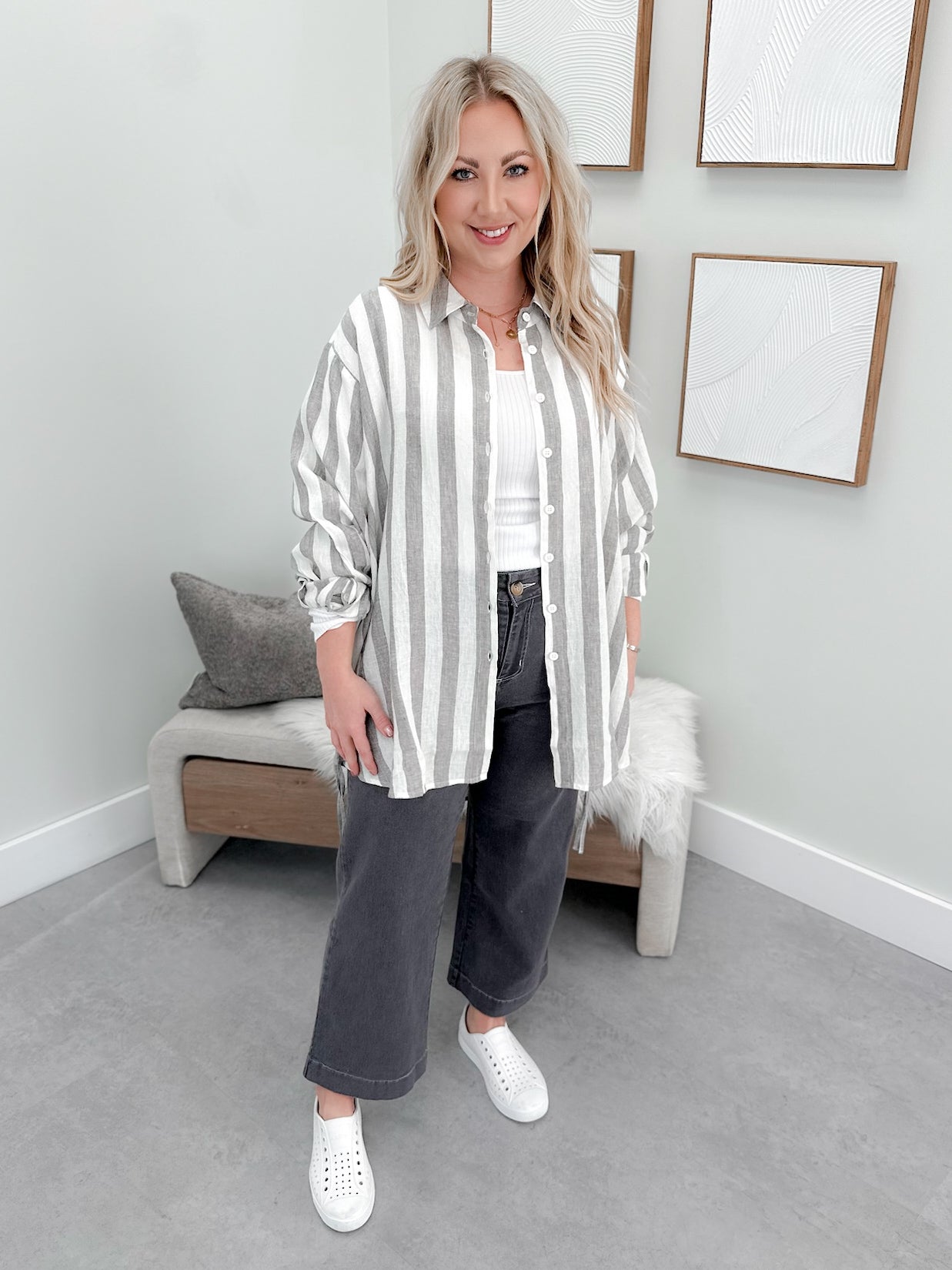 Venus Button Up in Charcoal Stripe