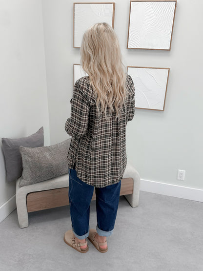 Forest Button Up in Olive Plaid