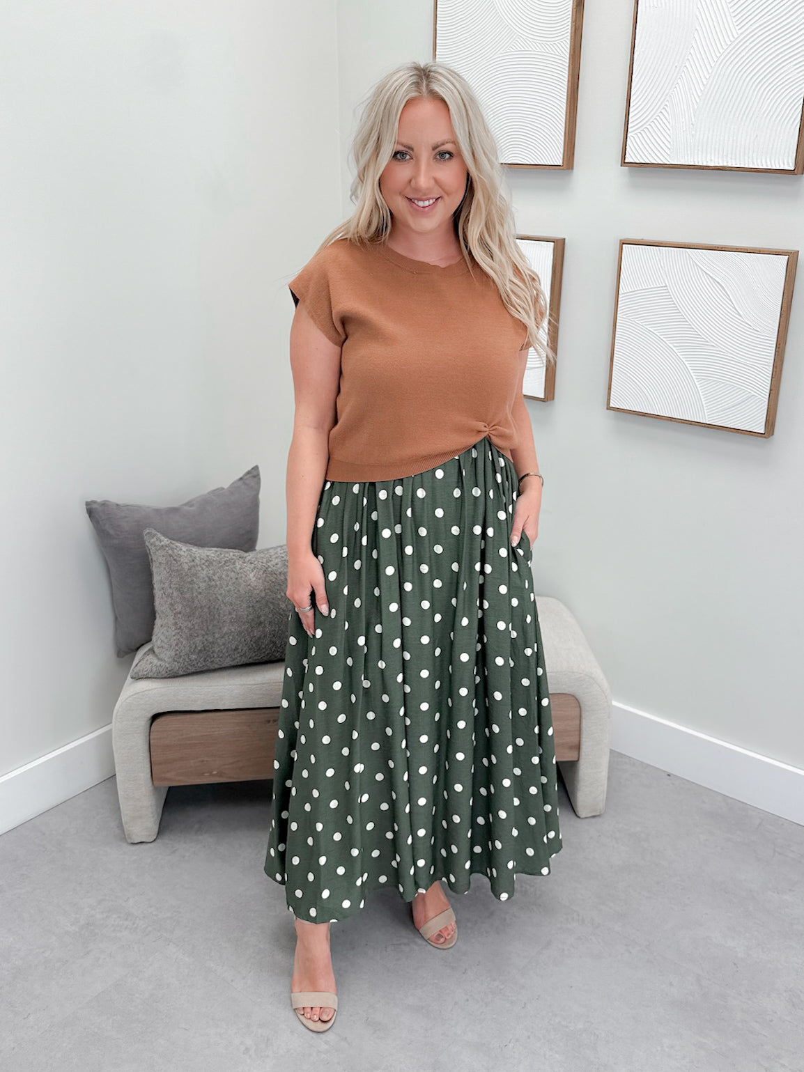 Audrey 2 Piece Dress in Olive Polka Dot