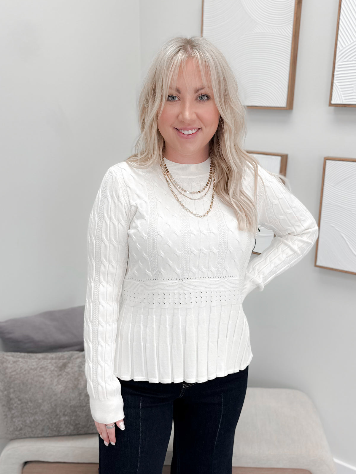 Lesley Cable Knit Sweater in Bone