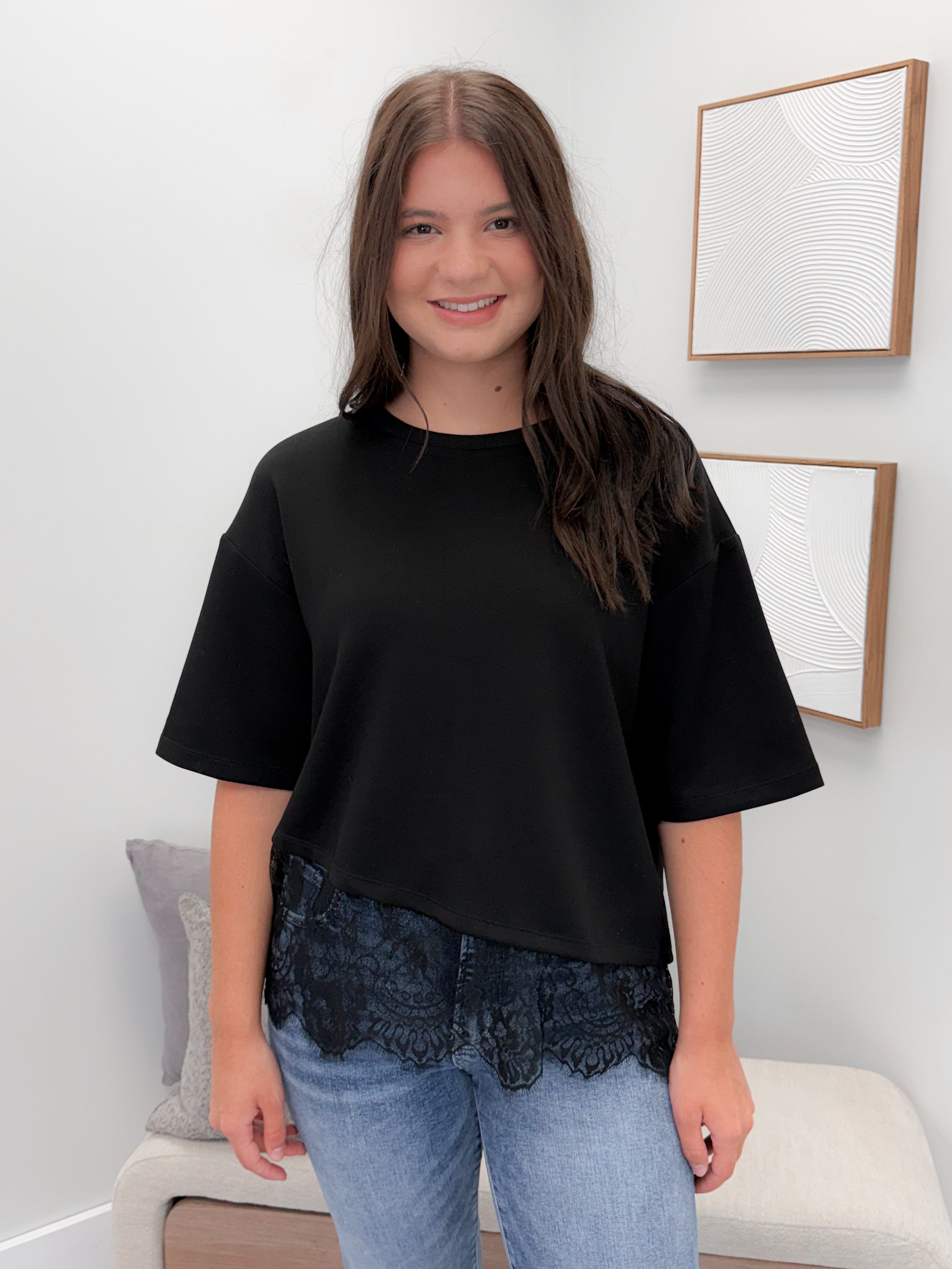 Usha Lace Bottom Tee in Black